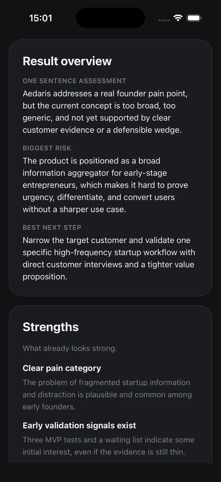 Aqelyn Startup Validator result with assessment, biggest risk, next step and strengths