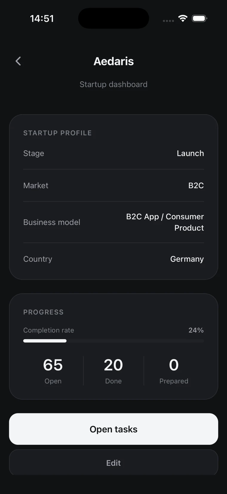 Aqelyn startup dashboard for a B2C app in launch stage