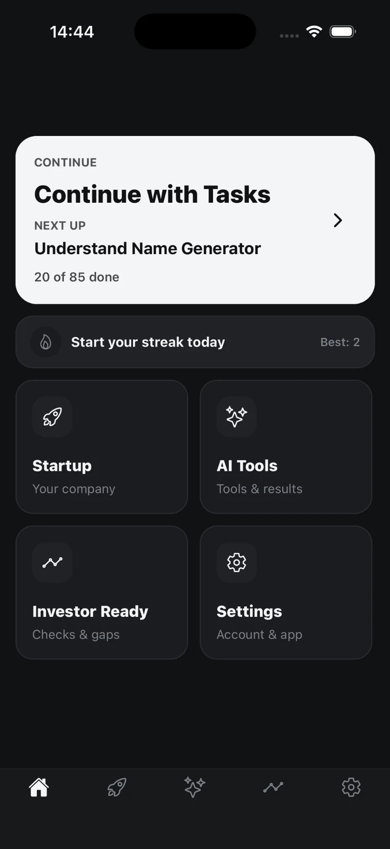Aqelyn Entrepreneur home screen showing the next task, startup workspace, AI tools and Investor Ready