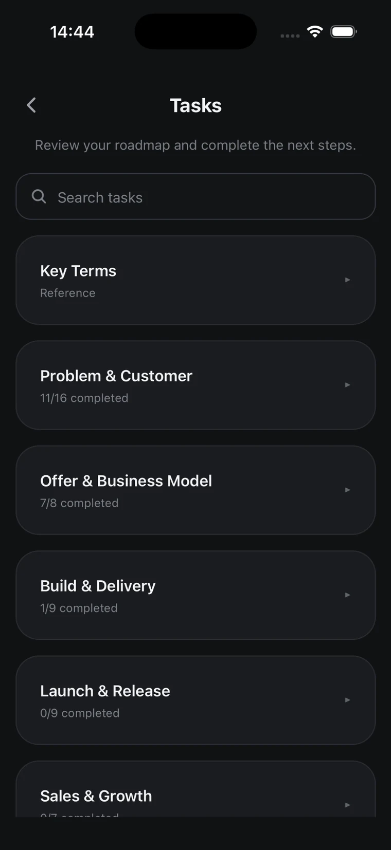 Aqelyn task roadmap with startup work grouped into clear categories